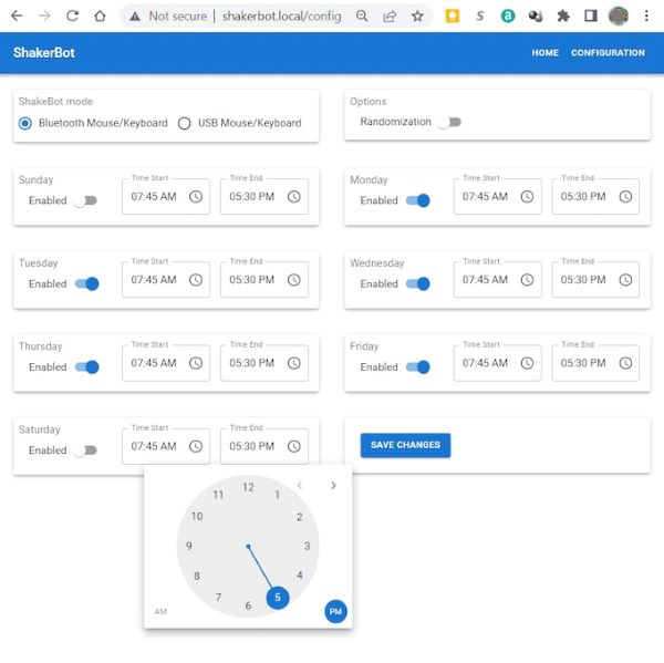 ShakerBot+ web configurator &mdash; per-day schedule configuration screen