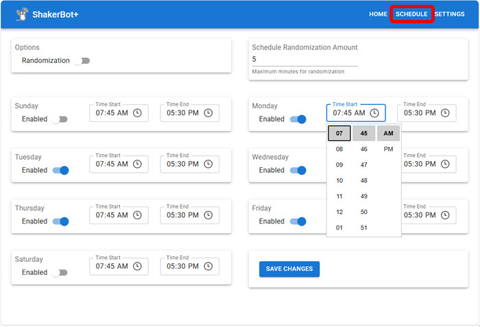 ShakerBot+ per-day schedule configuration