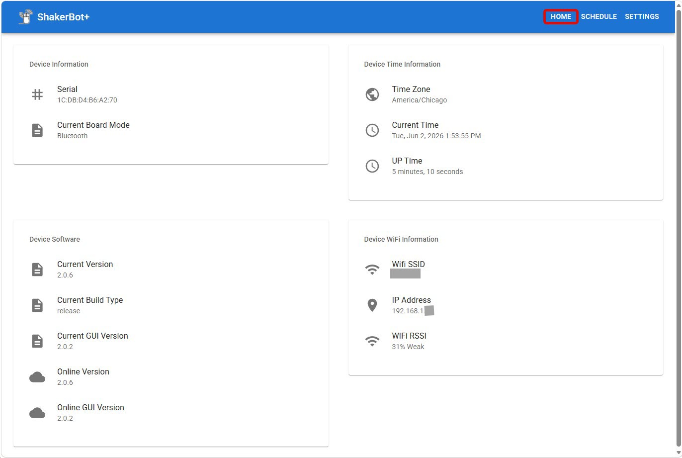 ShakerBot+ configurator dashboard at shakerbot.local