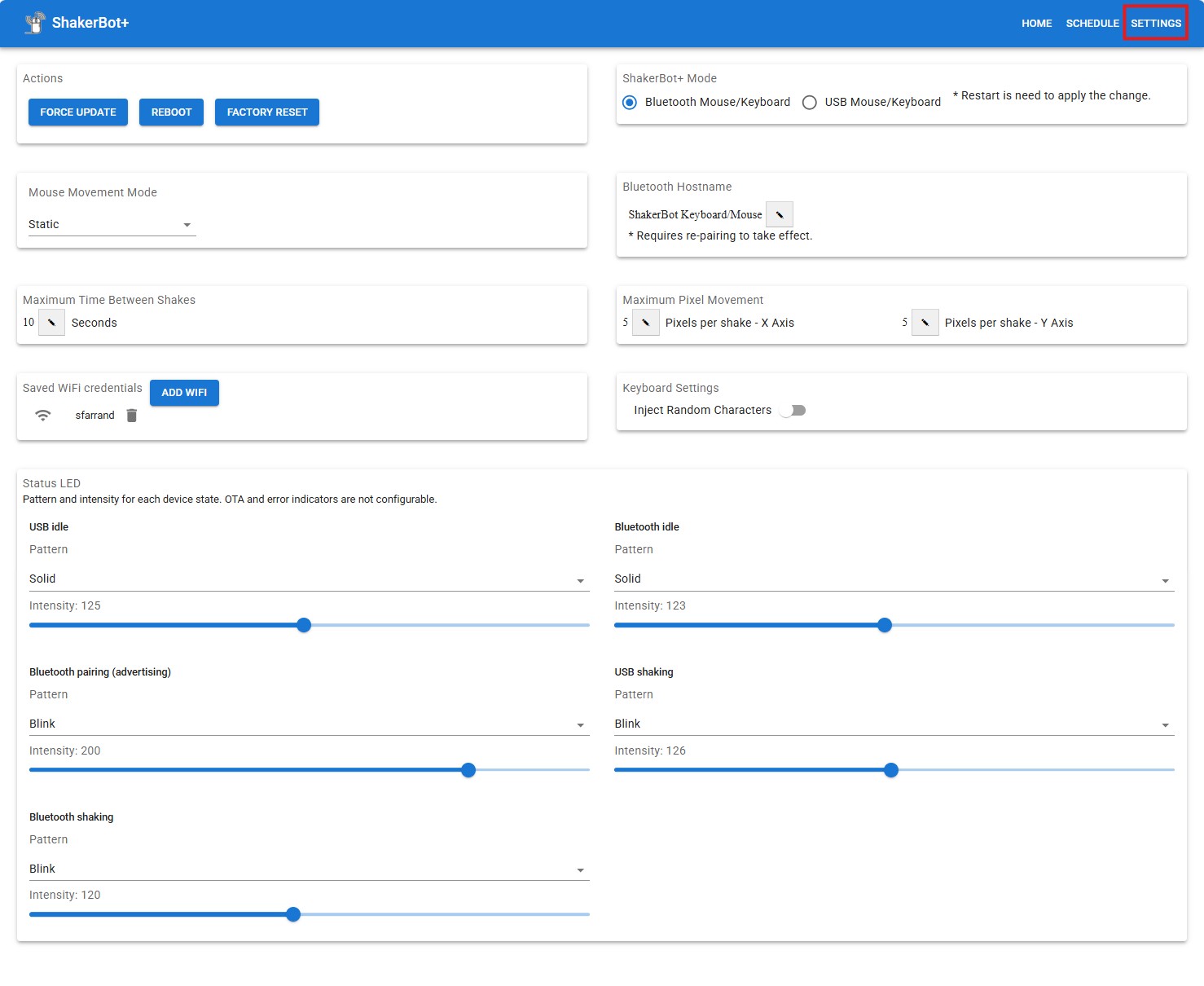 ShakerBot+ Settings tab — connection mode, mouse movement, and device actions